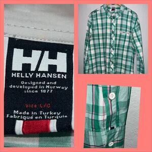 Helly Hansen Plaid Flannel Shirt Mens XL Red Gray Organic Cotton Long Sleeve